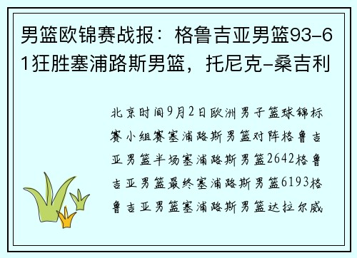 男篮欧锦赛战报：格鲁吉亚男篮93-61狂胜塞浦路斯男篮，托尼克-桑吉利亚27+4+4